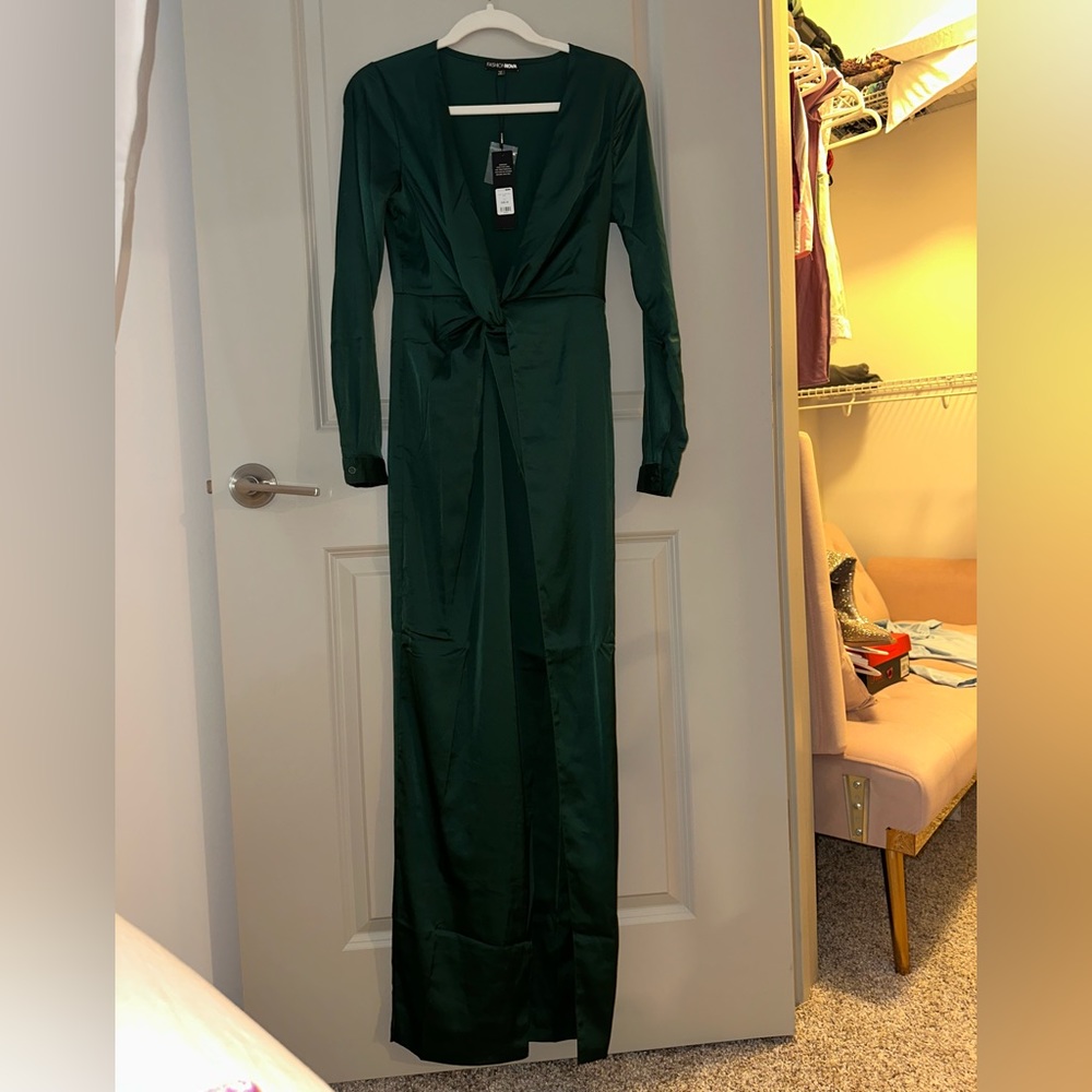 Fashion Nova Satin Green Maxi Dress